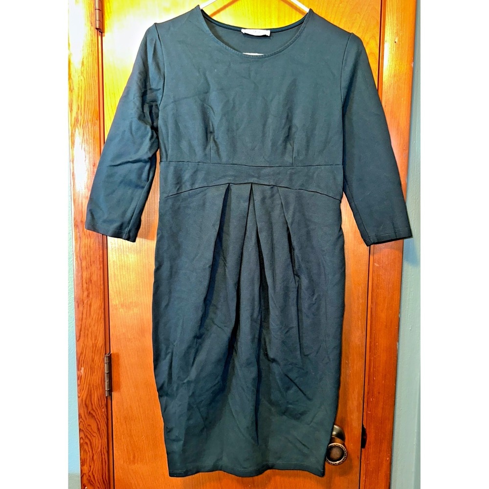 Hello Miz 3/4 Sleeve Pleated Dark Green Maternity‎ Dress Medium Made in USA